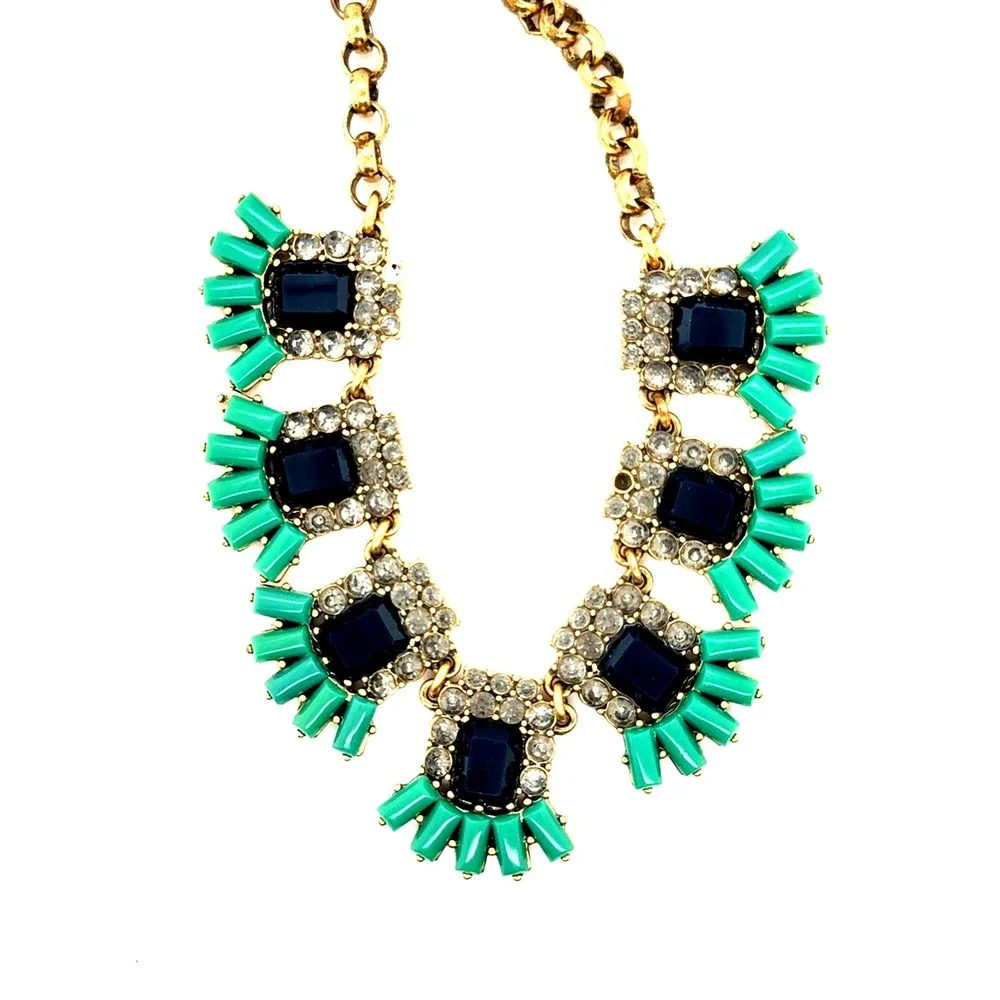 J.Crew Teal Navy Blue Statement Necklace Gold Tone Rhinestone Geometric Bib
